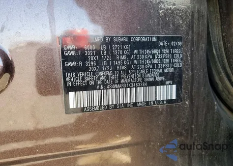 2019 Subaru Ascent Touring z USA, uszkodzony, nr VIN 4S4WMARD1K3463384